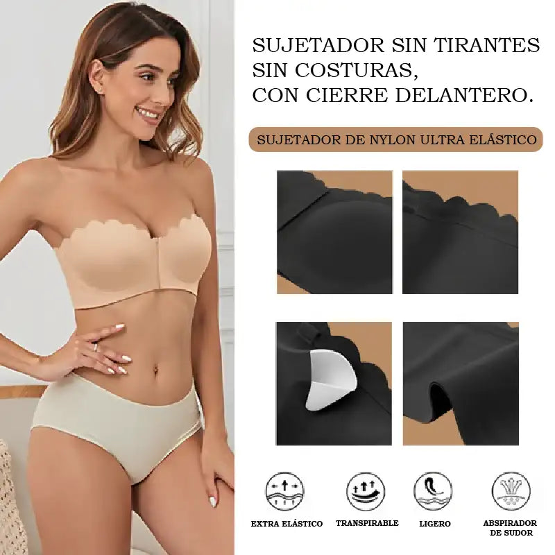 Sujetador bandeau sin tirantes ni costuras con cierre frontal. Noah Tienda